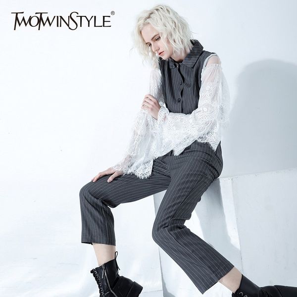 

twotwinstyle fashion striped women suits patchwork lace sleeve blazer crop high waist pants casual two piece sets female, White