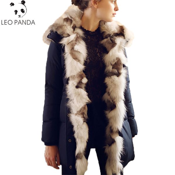 

luxury 100% real fur collar hooded down parka warm natural clothing placket down coat female new european style whf139, Black
