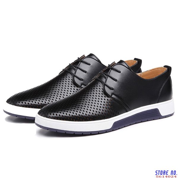 

men casual shoes spring men leather shoes trendy flats breathable holes 39 s sneakers, Black