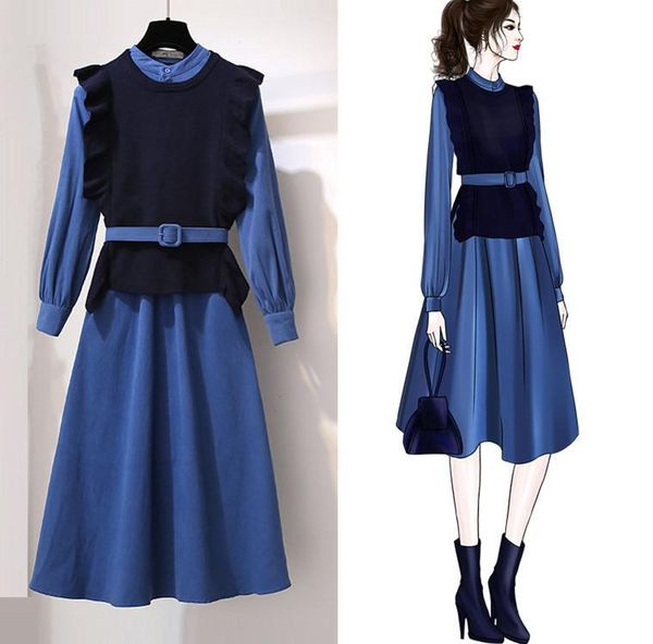 

knitted women 2 piece clothes set korean long dress+vest office ladies elegant winter dress clothes for women 2 piece outfits, White