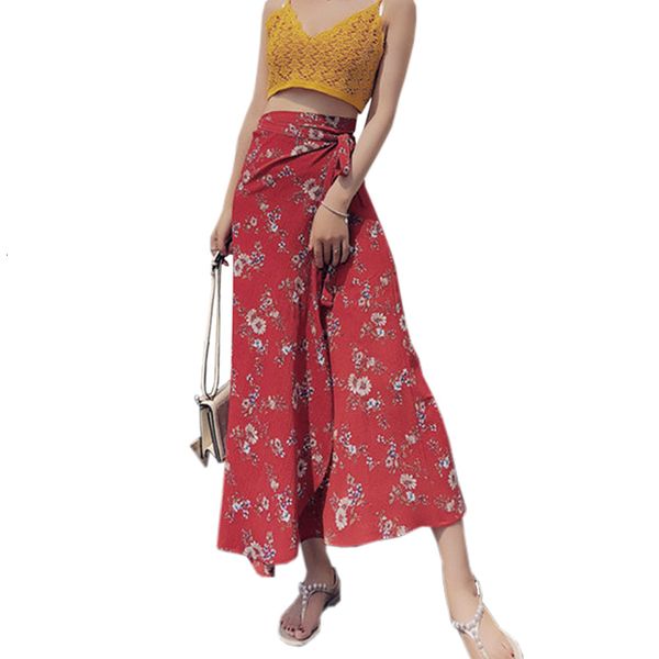 

designer long skirts print floral chiffon womens skirt 2019 summer beach skirts bohemian long skirt ruffle lace up wrap skirt, Black