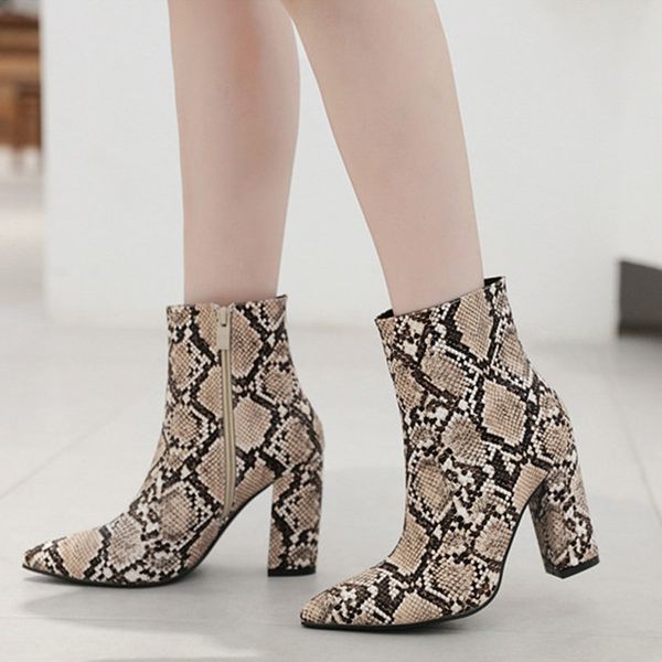 

women ankle boots snack printed fashion boots leather high heels female pointed toe high heels zapatos de mujer, Black