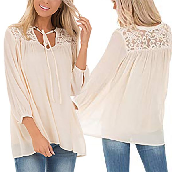 

women blouses plus size solid blouse lace shirt patchwork lace up blouse blusas femininas womens blouses 2019 new 3xl, White