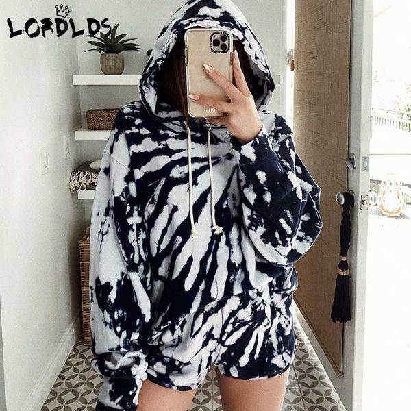 

lordlds women two piece long sleeve hoodies and shorts autumn set tie dye set clothing lounge wear plus size outfits, White