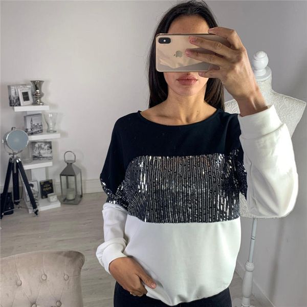 

женская конструктор tshirts контраст цвет блестки осень женщины топы мода повседневная женская одежда новое прибытие, White