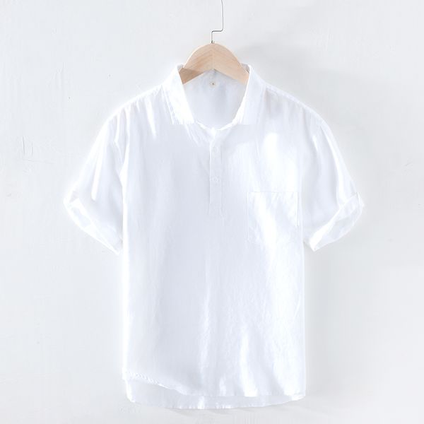 

2020 new arrival summer short sleeved shirts men pure linen white solid color slim fit left chest pocket pullover y2623, White;black