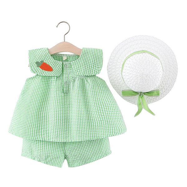 

baby girl summer small fresh plaid shorts two-piece suit 123 years old baby clothing, Red;yellow