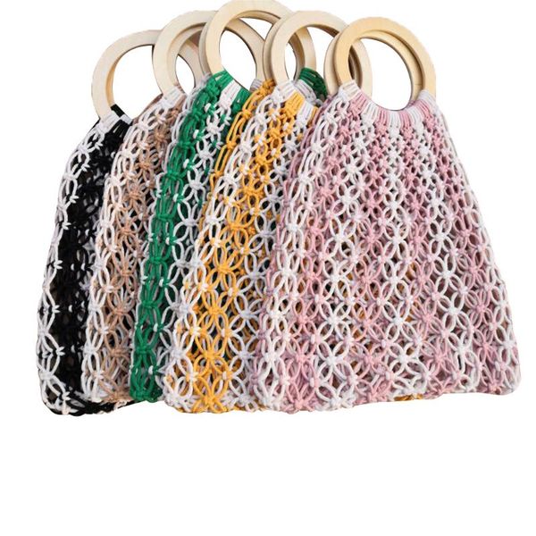 

round hand woven bucket bag women mesh bag summer wooden handle hollow knitting weave handbag crochet bags