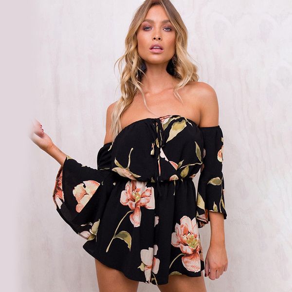 

summer floral print short chiffon women flare sleeve off shoulder vintage beach rompers 2020 sell, Black;white