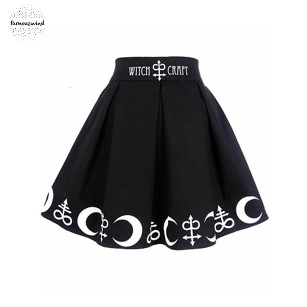 

women printed skirts spring witch moon summer harajuku punk rock gothic skirt high waist witch moon star print goth pleated, Black
