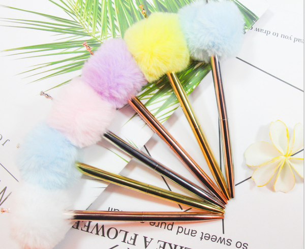 

50pcs/lot wholesale creative stationery fur ball pen cute plush toy metal pen office stationery writing supplies bp103, Blue;orange