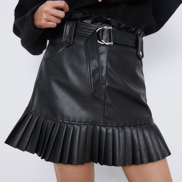 

rr black pu skirts women fashion faux leather skirt women elegant tie belt waist mini skirts female ladies ip