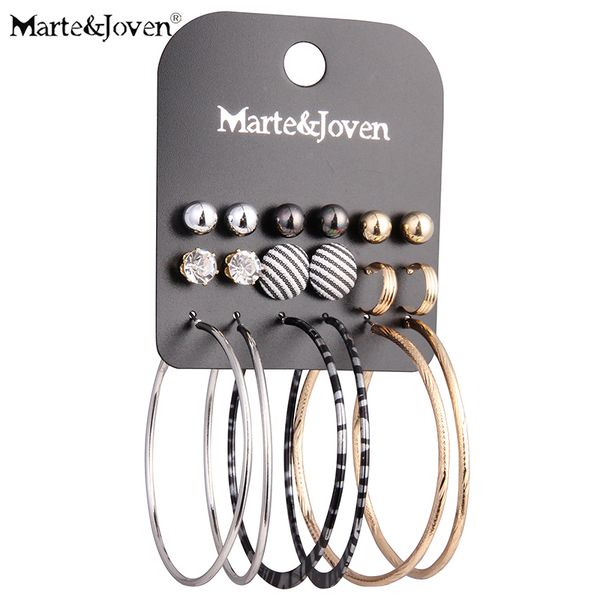 

marte&joven 9 pairs animal print big hoops jewelry vintage stripe cloth button mix spherical hoop earring set for women, Golden;silver