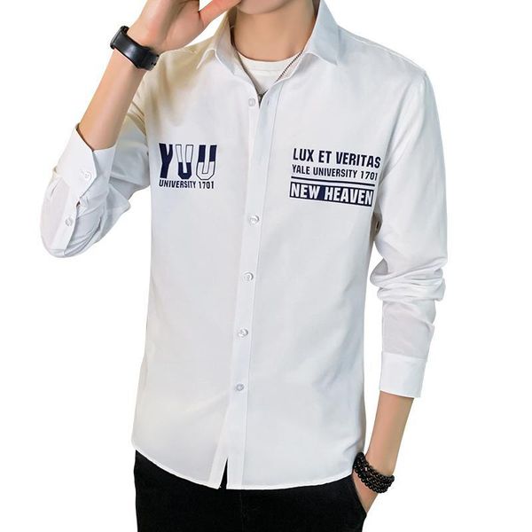 

mens long sleeve solid oxford dress shirt with letters printed high-quality male casual regular-fit button down shirts 4xl, White;black