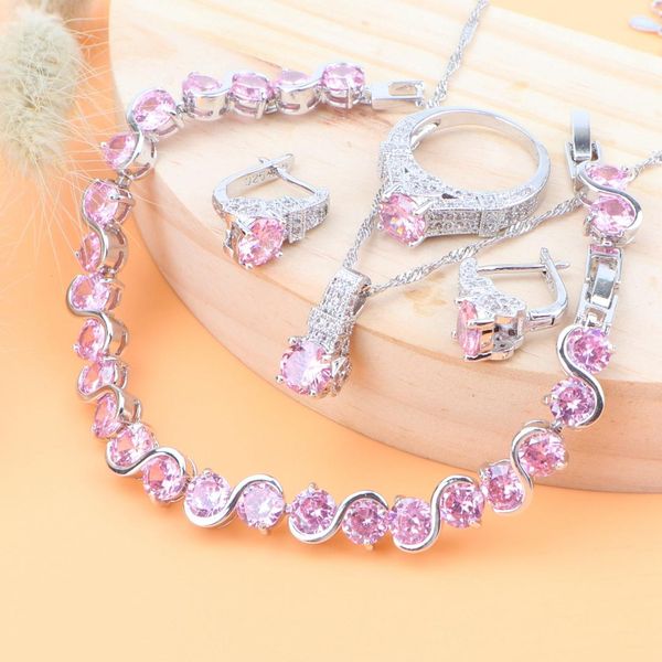 

pink zirconia bridal jewelry sets silver 925 jewelry earrings for women wedding bracelets rings necklace set gift box, Slivery;golden