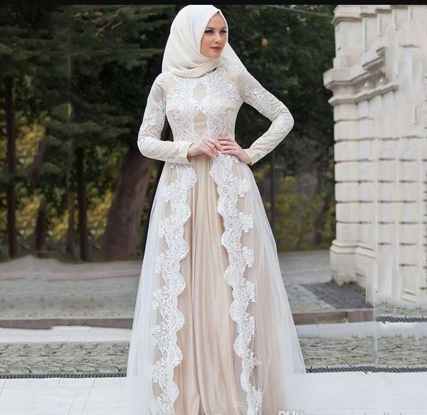

middle east muslim wedding dresses full sleeves high neck lace long sleeves champagne tulle bridal gowns vestidos de noiva casamento, White