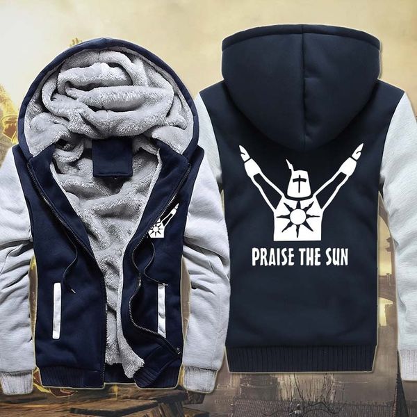 

dropshiping dark souls winter hoodie jacket wool liner fleece thick zipper pocket for men's sweatshirt coat, Black