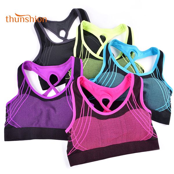 

thunshion brand colorful fitness bra padded full cup bras female seamless wire cross strappy sports bra spandex pattern, White;black