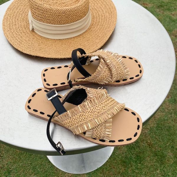 

2020new summer flats sandals women cane weave gladiator shoes buckle back strap slides fringe cross strap casual sandalias mujer, Black