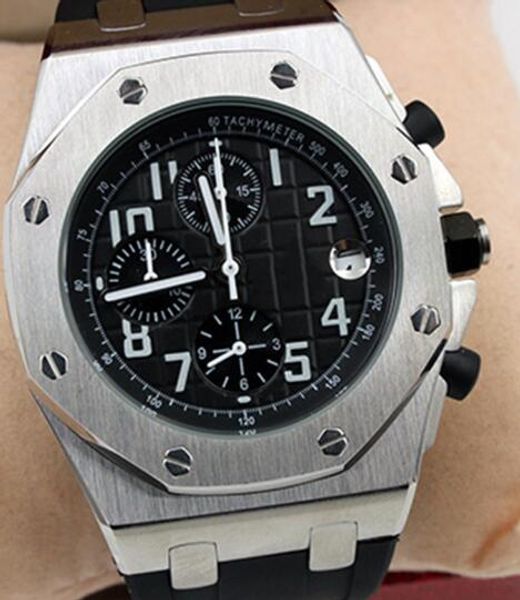 

royal oak offshore precise quartz chronograph outdoor exquisite mens watch watches satch 42mm black dial with black rubber strap, Slivery;brown