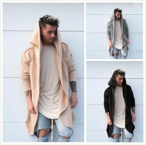 

solid color loose long sleeved hooded long cardigan fashion mens coats street style designer mens coats casual, Tan;black