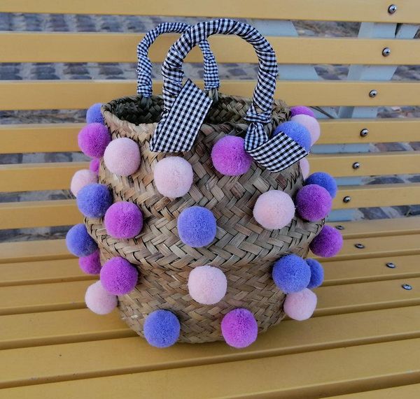 

summer pompon beach bag straw tote handmade colorful fur hair ball shoulder rattan large fashion women girls bucket