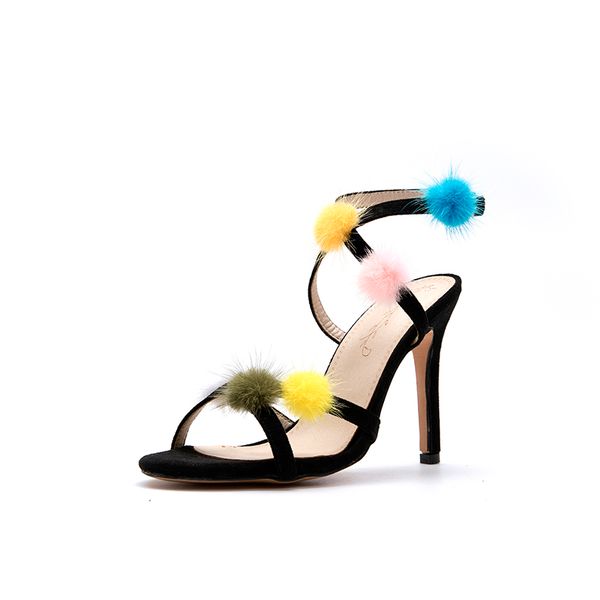 

wholesale mink fur women's summer shoes fashion narrow band cross-tied high heels sandals female footwear women open toe shoes, Black