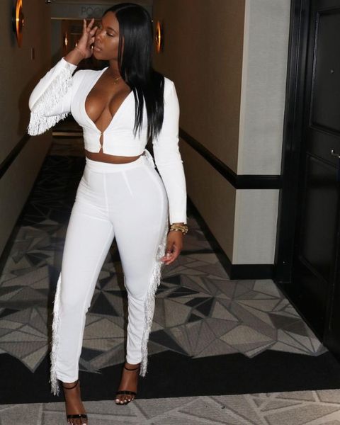 

v neck full sleeve tassel women with pants elegant women two piece suits, White