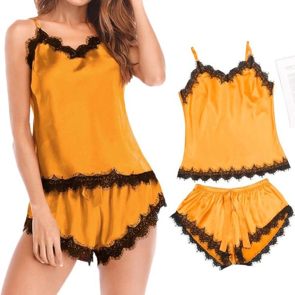 

2pcs pajama наборы женщины sexy атласные кружева белье v шеи бретели lingerie set nightdress пижамы set, Blue;gray