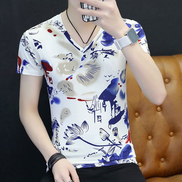 

summer korean ice silk men's short-sleeved t-shirt with slim body, v-neck design and color t-shirt plus size m-3xl, White;black