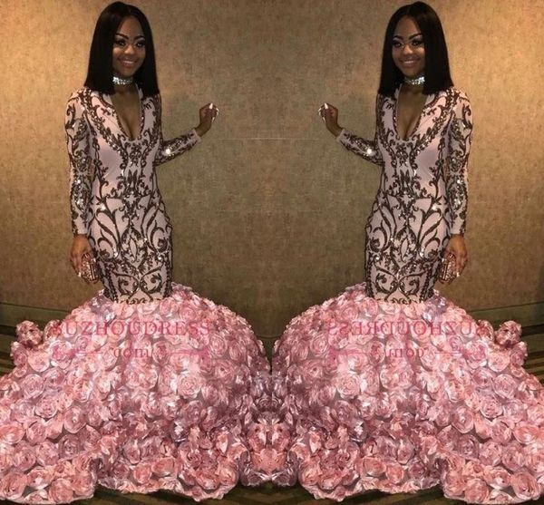 Африканские черные девушки розовый русалка длинные платья выпускного вечера 2019 с длинными рукавами V шеи 3D цветочные цветы длиной до пола, вечерние платья BC1363