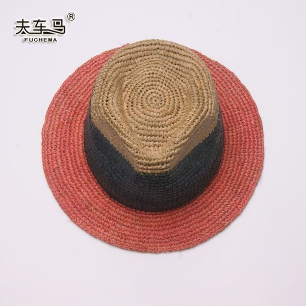 

natural lafite grass crochet straw hat matching color small hat casual stripe ruifeng short brim hat fcmlfc-171, Blue;gray