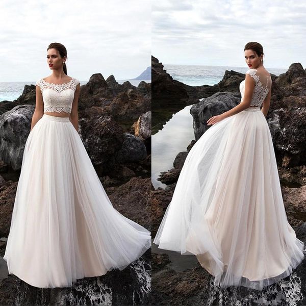 

Two Pieces Summer Beach Wedding Dresses 2019 Bohemia Lace Top Floor Length Wedding Bridal Gowns With Buttons