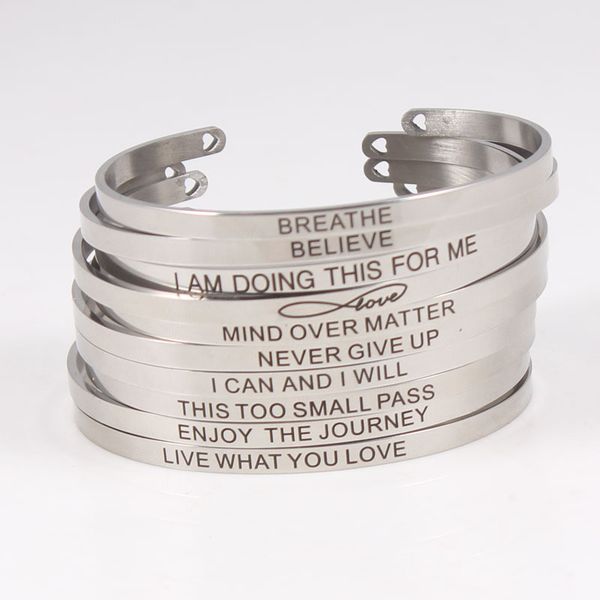 

4mm silver stainless steel bangle engraved positive inspirational quote handmade cuff mantra bracelets for men gifts, Black