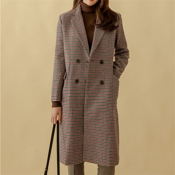 

winter wool coats women fashion brown plaid print double breasted jackets women elegant long sleeve loose thicken coats female, Black