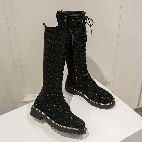 

autumn winter women knee high snow boots shoes woman fashion rhinestone boots mid heels casual snow women shoes mujer, Black