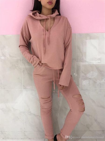 

осень женщины с капюшоном костюмы sexy v шеи дизайнерские 2pcs спортивные костюмы мода повседневная женская одежда streetwear, Gray