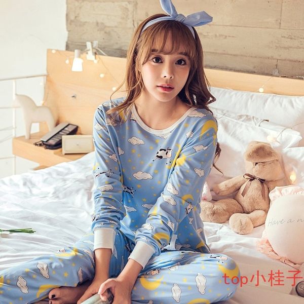 

women's pijamas suit home clothes pyjama femme womens pajamas sets long sleeve suit animal cartoon large size girls sleepwear, Blue;gray