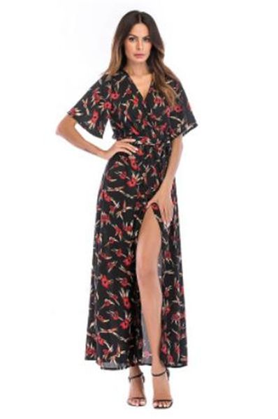 

Summer Floral Split Women Dresses Deep V Neck Short Sleeve Loose Dress Beach Causal Cool Dress