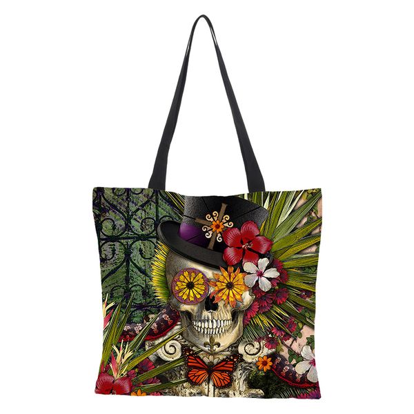 

custom made floral skull customized tote bag linen handbags for women lady eco reusable shopping bags traveling 43cm*43cm