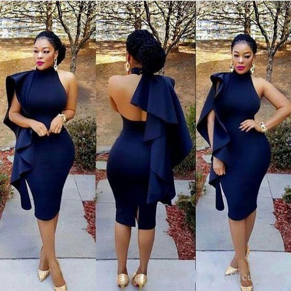 

темно-синий арабский коктейльные платья выпускного вечера 2019 sexy холтер спинки раффлед длина до колен оболочка вечерние платья короткие м, Black