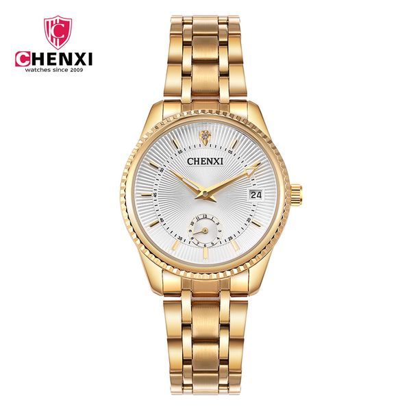 

chenxi top women gold watch stainless steel calendar 30 meter waterproof lady quartz dress watch golden clock 069a, Slivery;brown