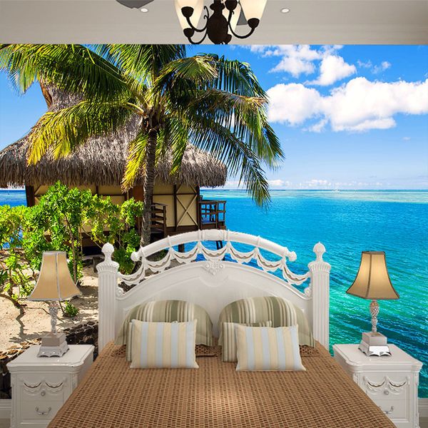 

large mural landscape hawaii seascape coconut tree blue sky white clouds wallpaper wall covering tv background sofa 5d wallpaper