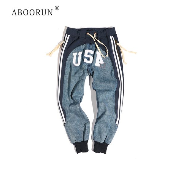 

aboorun men's vintage harem jeans usa patchwork pencil jeans hip hop drawstring long trousers for male, Blue