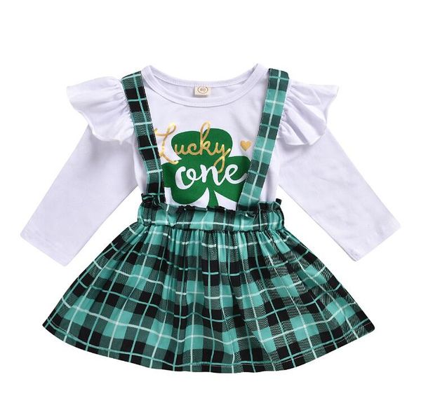 2ST Set Kleinkind-Kind-Baby-Outfits Kleidung Brief-T-Shirt Top + Strap-Rock-Mädchen Kleidung Sets Outfits Mode Günstige BY0826 Sets