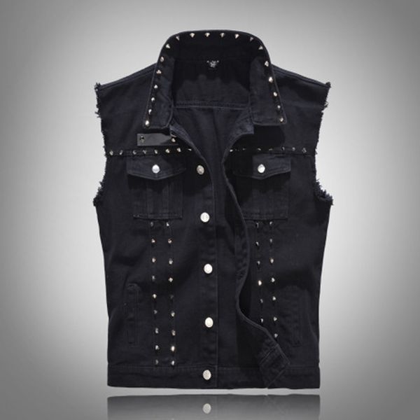 

spring autumn mens vest vintage denim jeans vest male black sleeveless jackets men rivet hole jeans waistcoats 5xl sa-8, Black;white