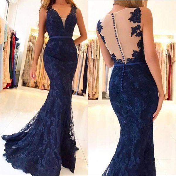

2019 Dark Navy Deep V-neck Long Mermaid Prom Dresses Sleeveless Sequin Applique Button Sweep Train Prom Evening Gowns Custom Made, Black