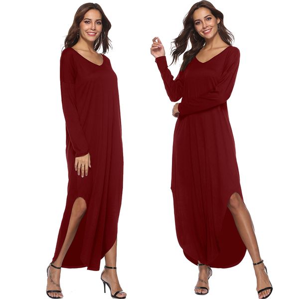 

Women Long Dress V-neck Loose Long Sleeved Split Long Maxi Evening Party Cocktail Beach Dress Sundress