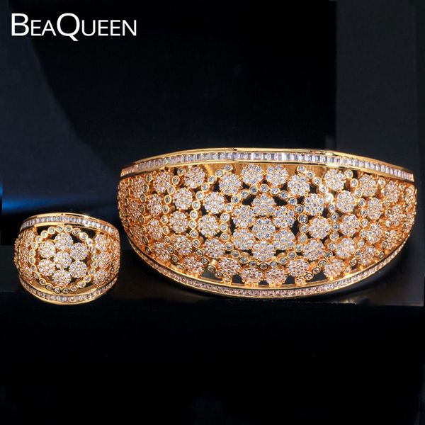 

beaqueen luxury large wide bangle ring set for women wedding cubic zircon crystal saudi arabic dubai gold jewelry sets js218, Silver