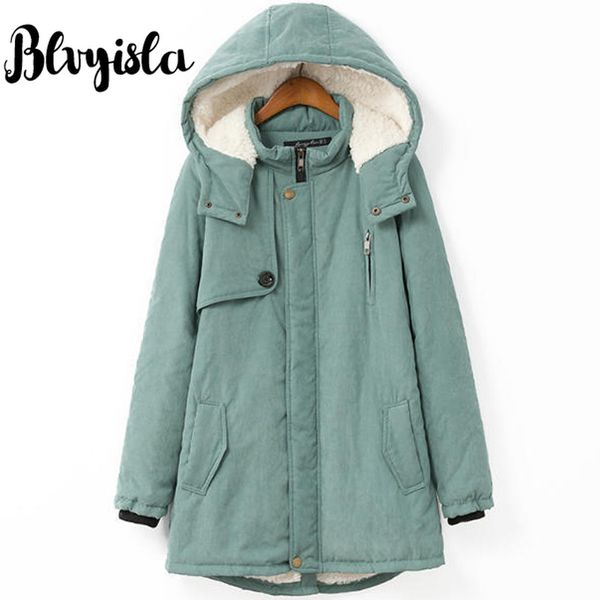 

blvyisla thicken fleece warm winter cotton parka coats women retro style mid-length hooded jacket outwear, Black